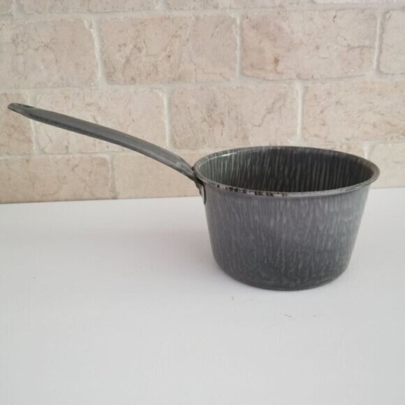 Gray Graniteware Sauce Pan Vintage, Speckled Swirl Enamelware Pot with Handle Ki - Picture 1 of 8